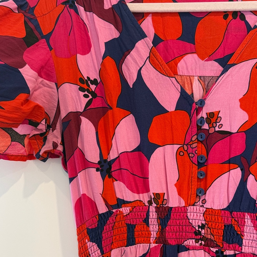 V-Neck Pink & Red Floral High-Low Midi Dress
